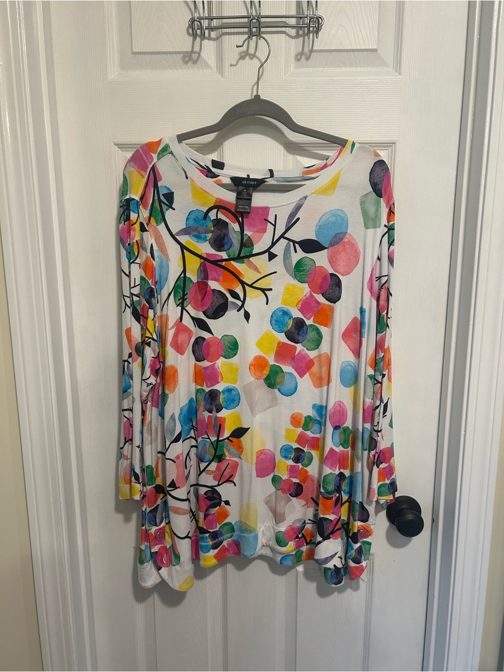 Ali Miles White Tunic Top with Multicolor Dot & Branch Print